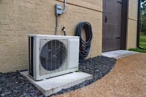 White outdoor heat pump condenser unit mounted on concrete pad beside brick garage with coiled refrigerant lines attached.